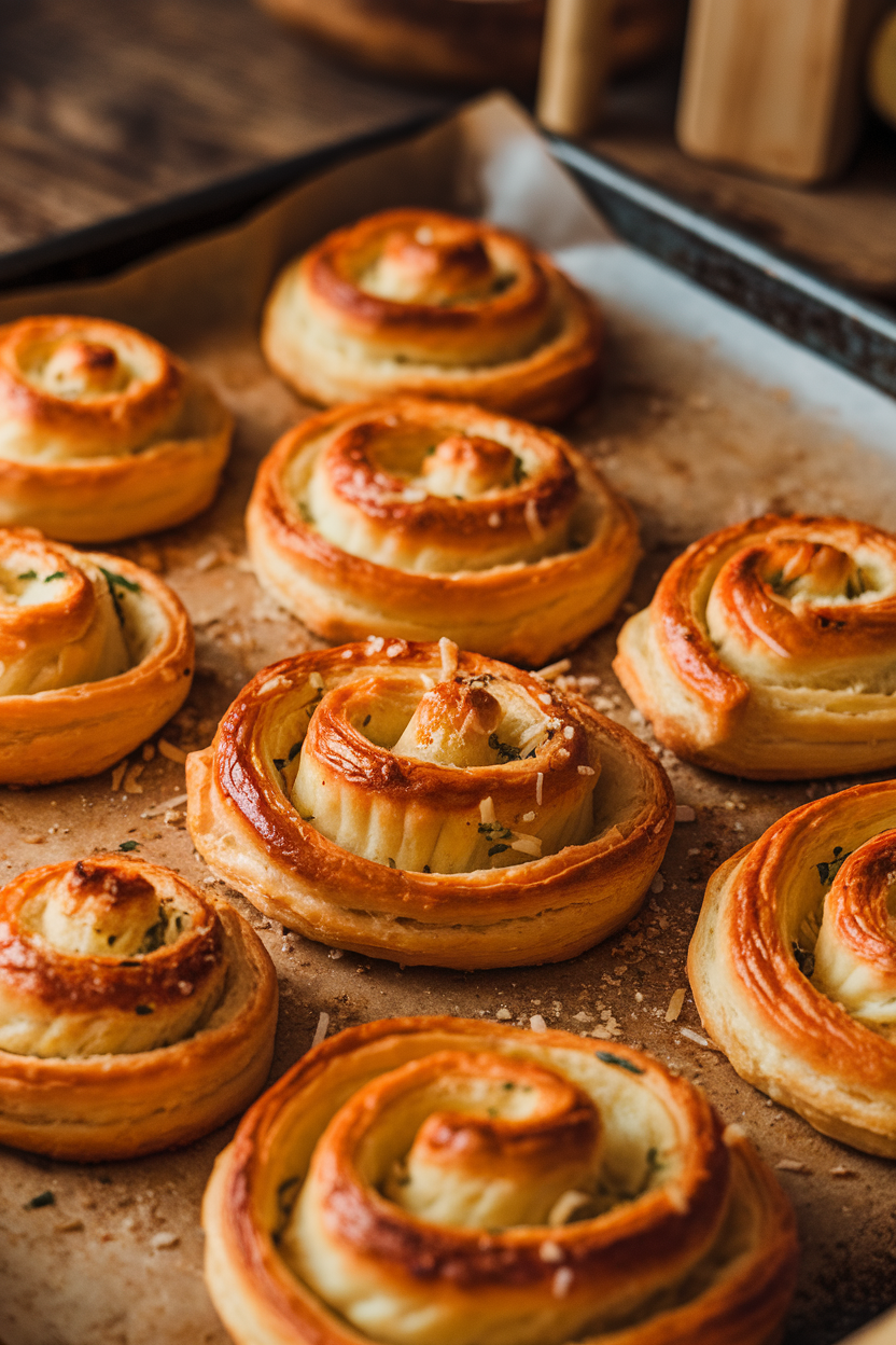 Photo of an indoor baking sheet with flaky puff-pastry palmiers sprinkled with parmesan and herbs, freshly baked. No text or logos shown.