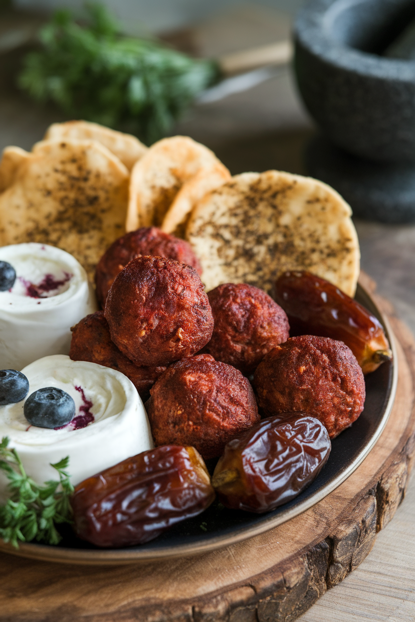 Indoor shot of a platter with cooked kofta meatballs, labneh swirls, za’atar-dusted pita chips, and dates; no text or logos present.