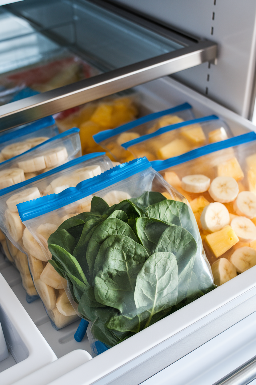 An indoor freezer drawer containing zip bags filled with frozen spinach, banana slices, and pineapple chunks ready for smoothies. No text or logos.