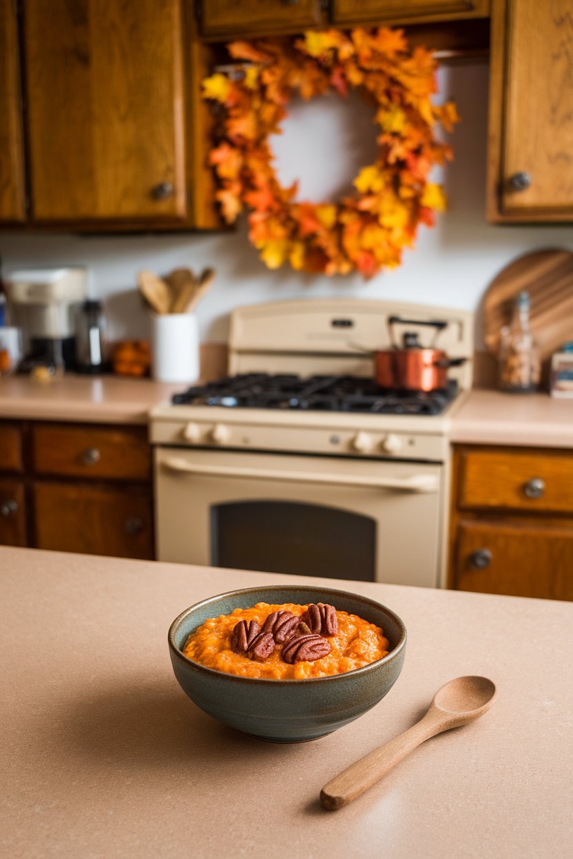Indoor cozy autumn kitchen with a bowl of orange sweet-potato oatmeal topped with pecan halves and a dash of cinnamon. No text or logos. Photo.