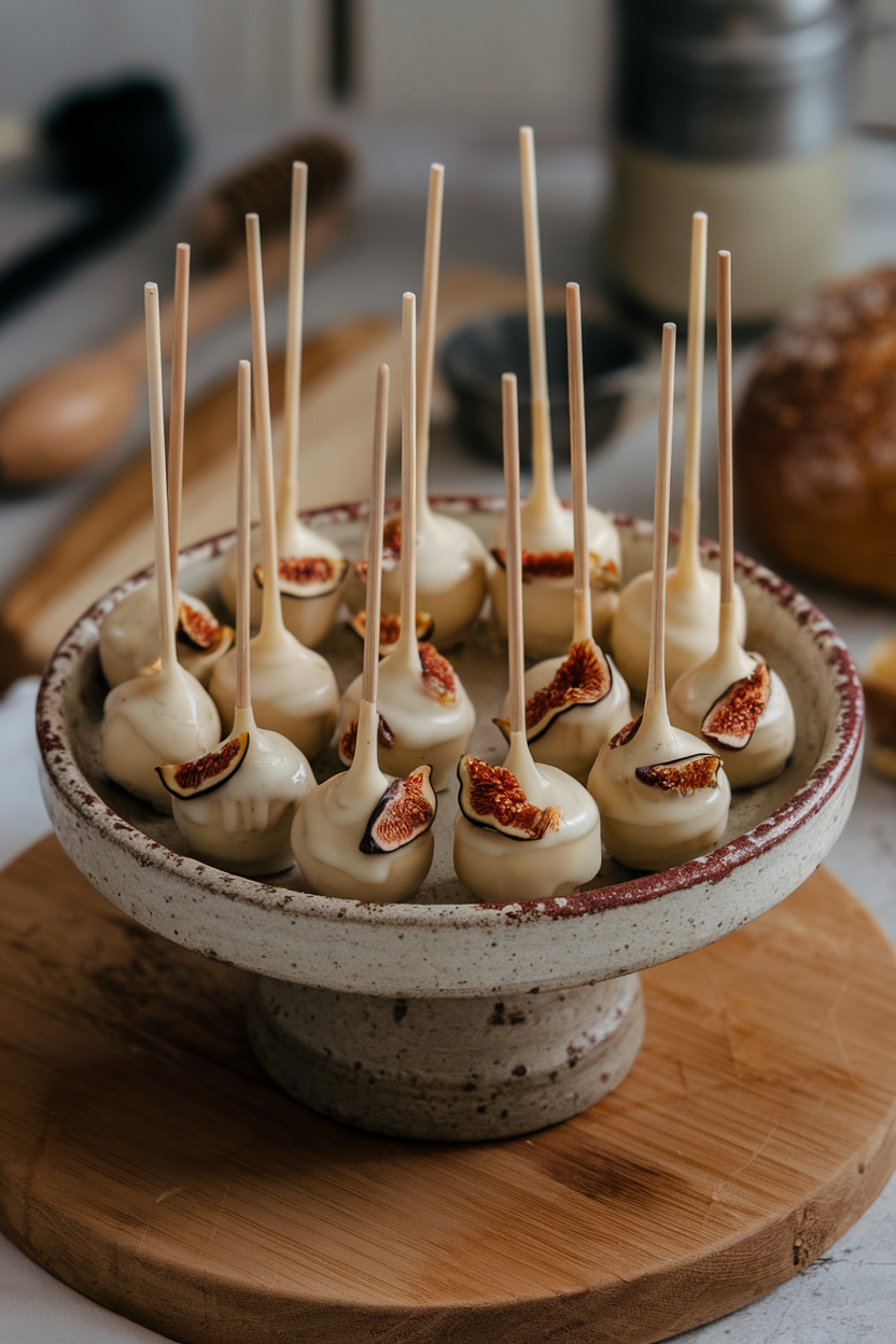 Photo, not illustration. Indoor Mediterranean kitchen. Cake pops flecked with dried fig pieces and brushed with honey glaze, positioned on a rustic ceramic plate. No text or logos.