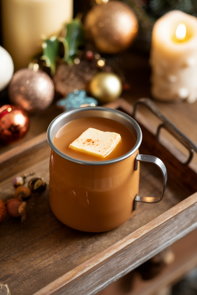 Indoor fireplace mantel scene with a heat-proof mug of buttered apple cider, pat of melting spiced butter floating on top. Photo, no text or logos.
