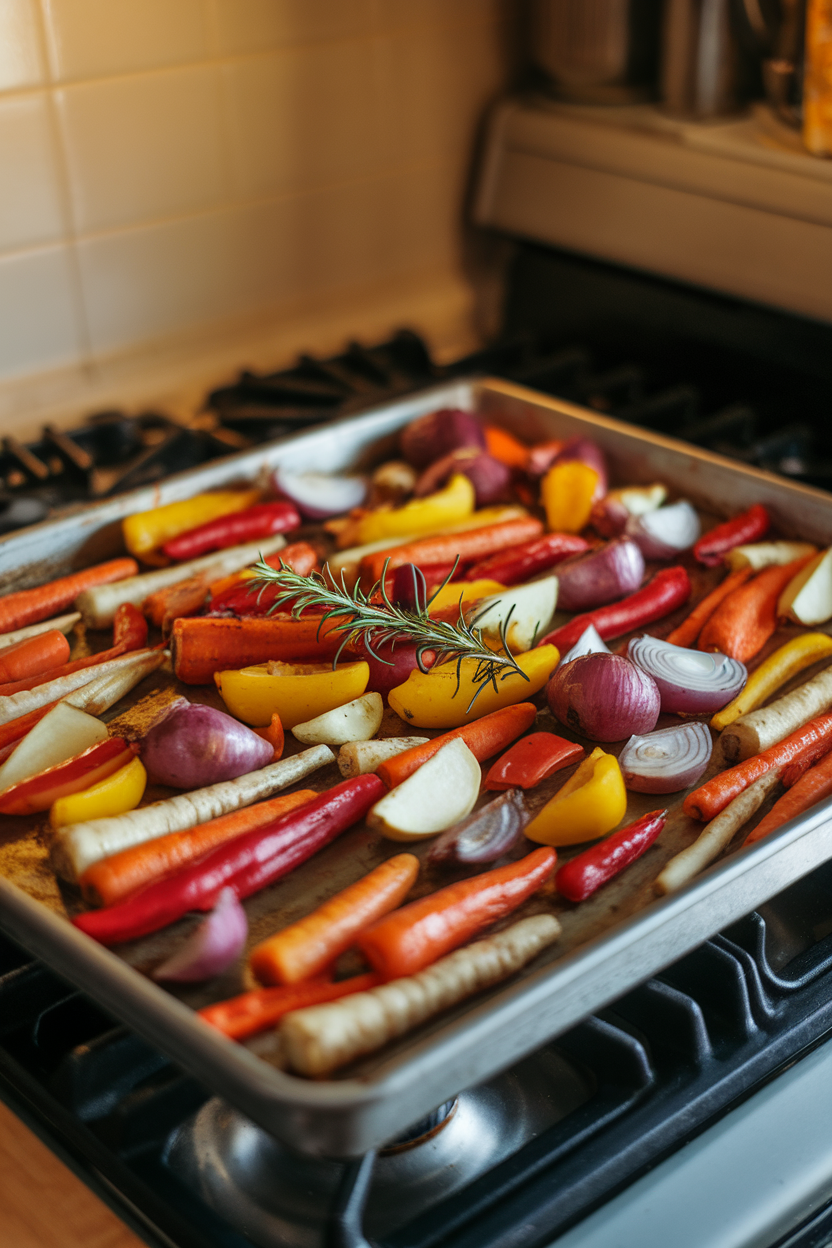 A sheet pan filled with colorful roasted vegetables cooling on a stove, indoor warm light, photo, no text or logos