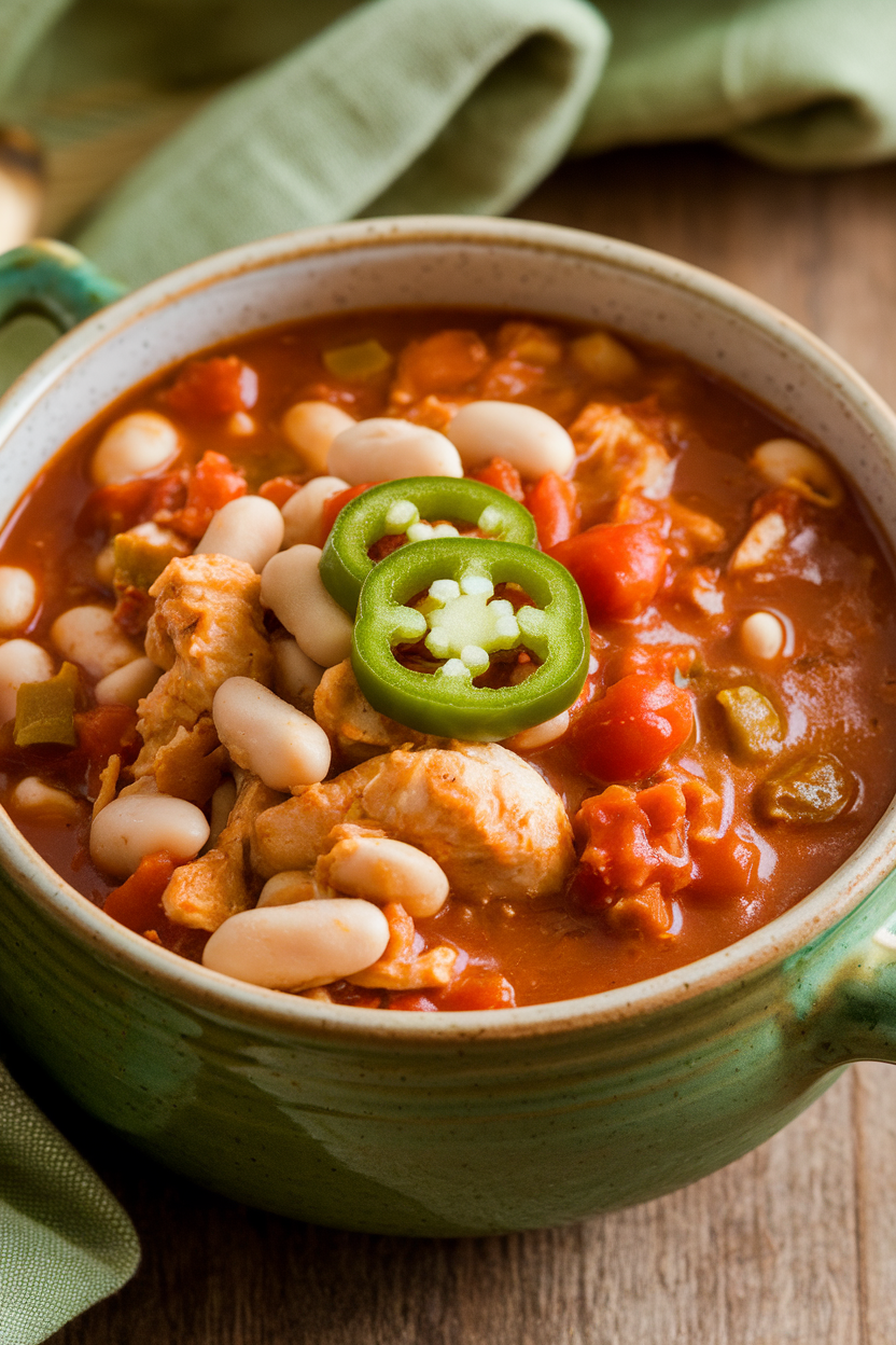 An indoor ceramic bowl of hearty chicken chili featuring white beans, tomatoes, and green chiles, garnished with sliced jalapeño. No logos or text. Photo.