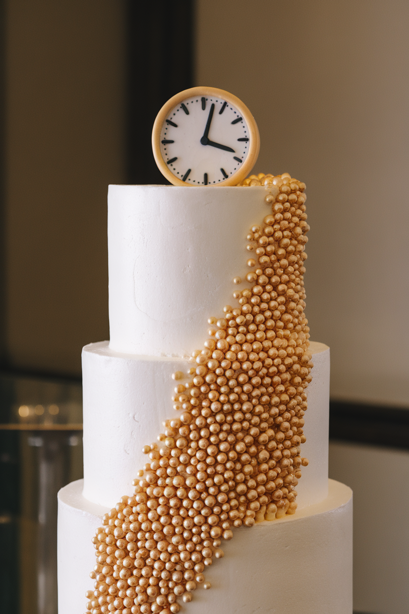 Tall white cake indoors with gold sugar pearls cascading like champagne bubbles, topped with fondant clock hands nearing midnight. No branding, photo only.