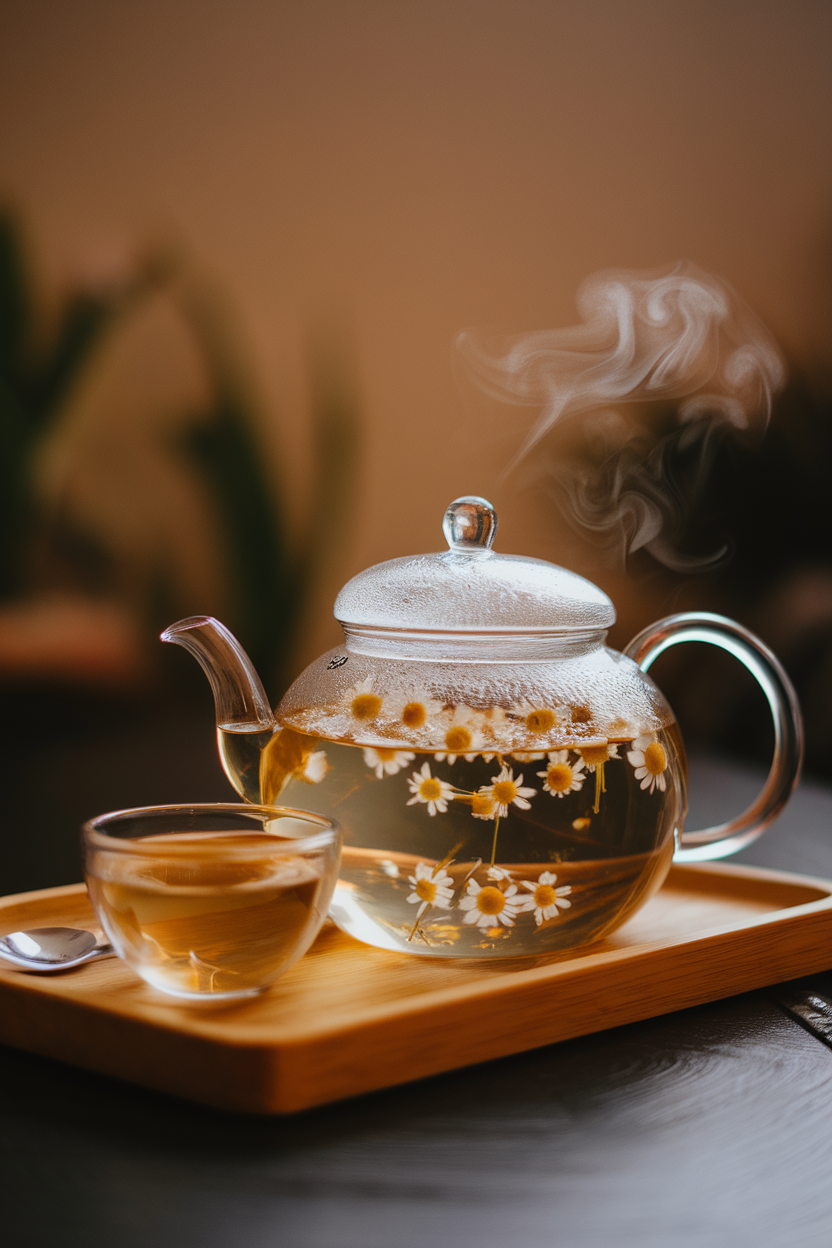 Indoor photo of a clear teapot steeping chamomile tea, steam gently rising, placed on a wooden tray with a small cup; no text or logos.