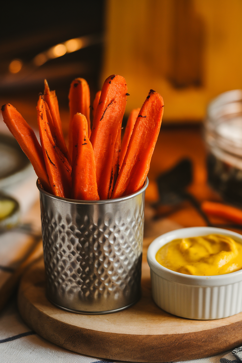 Indoor photo of carrot fry sticks roasted to slight char, served in a metal cup with a side ramekin of yellow curry yogurt dip. No logos or text.