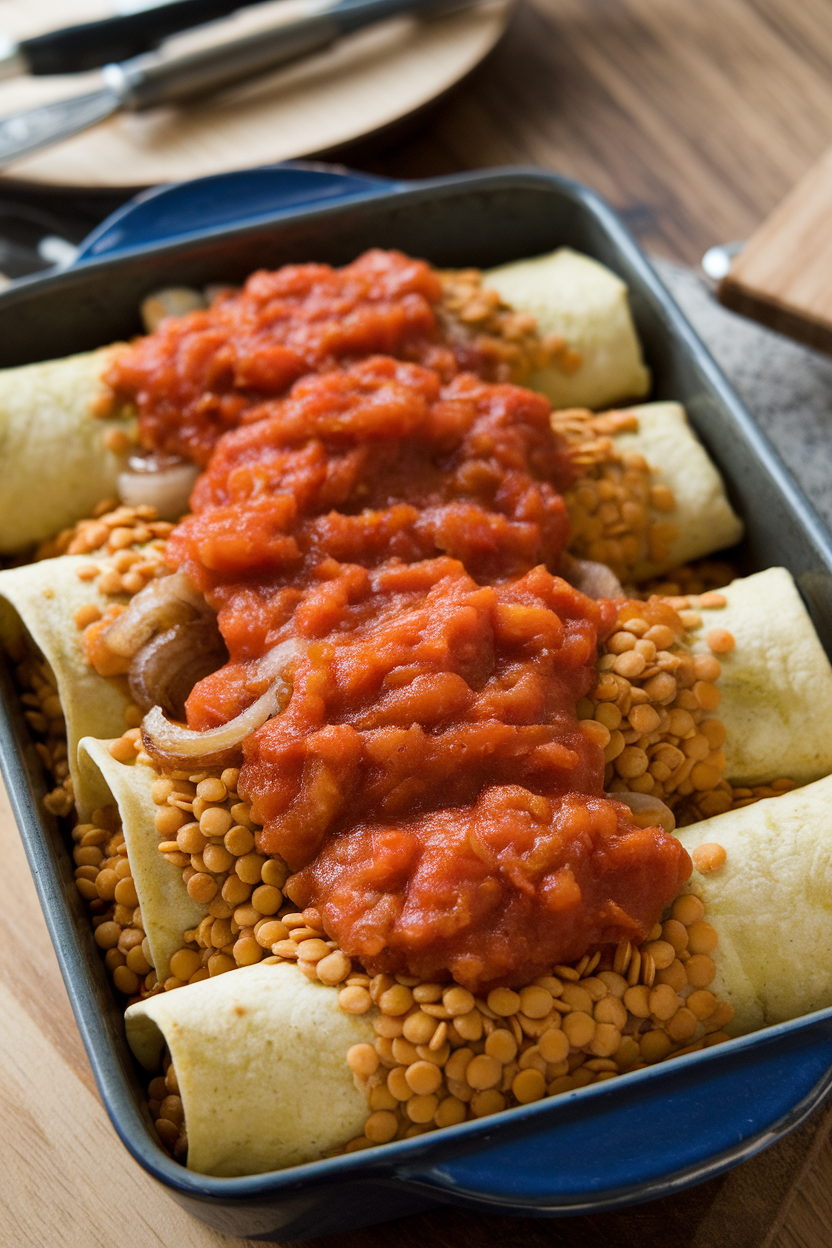 Indoor casserole dish with yellow lentils and caramelized onions in tortillas, topped with tomato sauce, no text or logos.