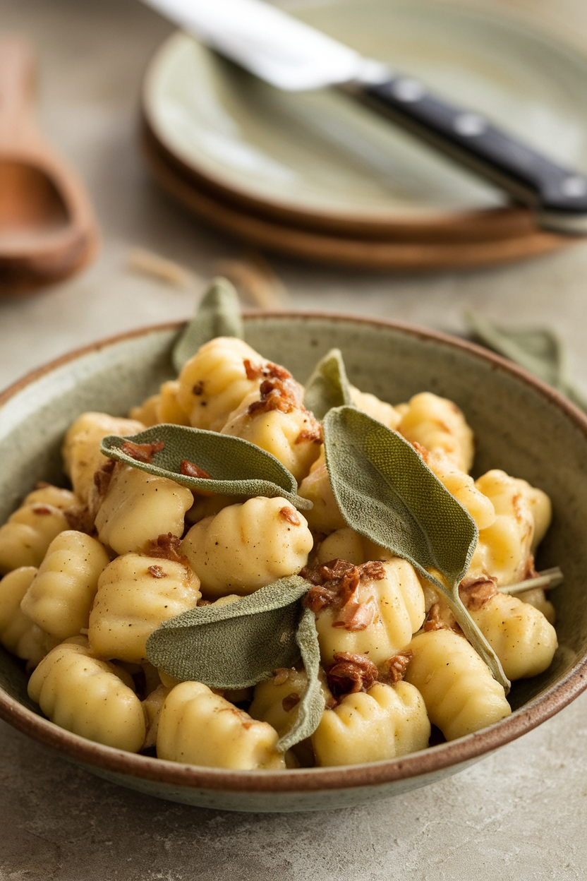 Indoor tabletop view of pillowy potato gnocchi tossed in nutty brown butter with crisp sage leaves, served in a rustic bowl. No logos. Photo only.