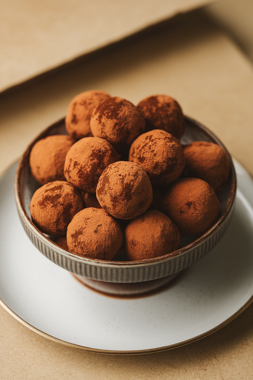 An indoor dessert dish containing round chocolate truffles dusted with cocoa powder—no text or logos; photo, not illustration