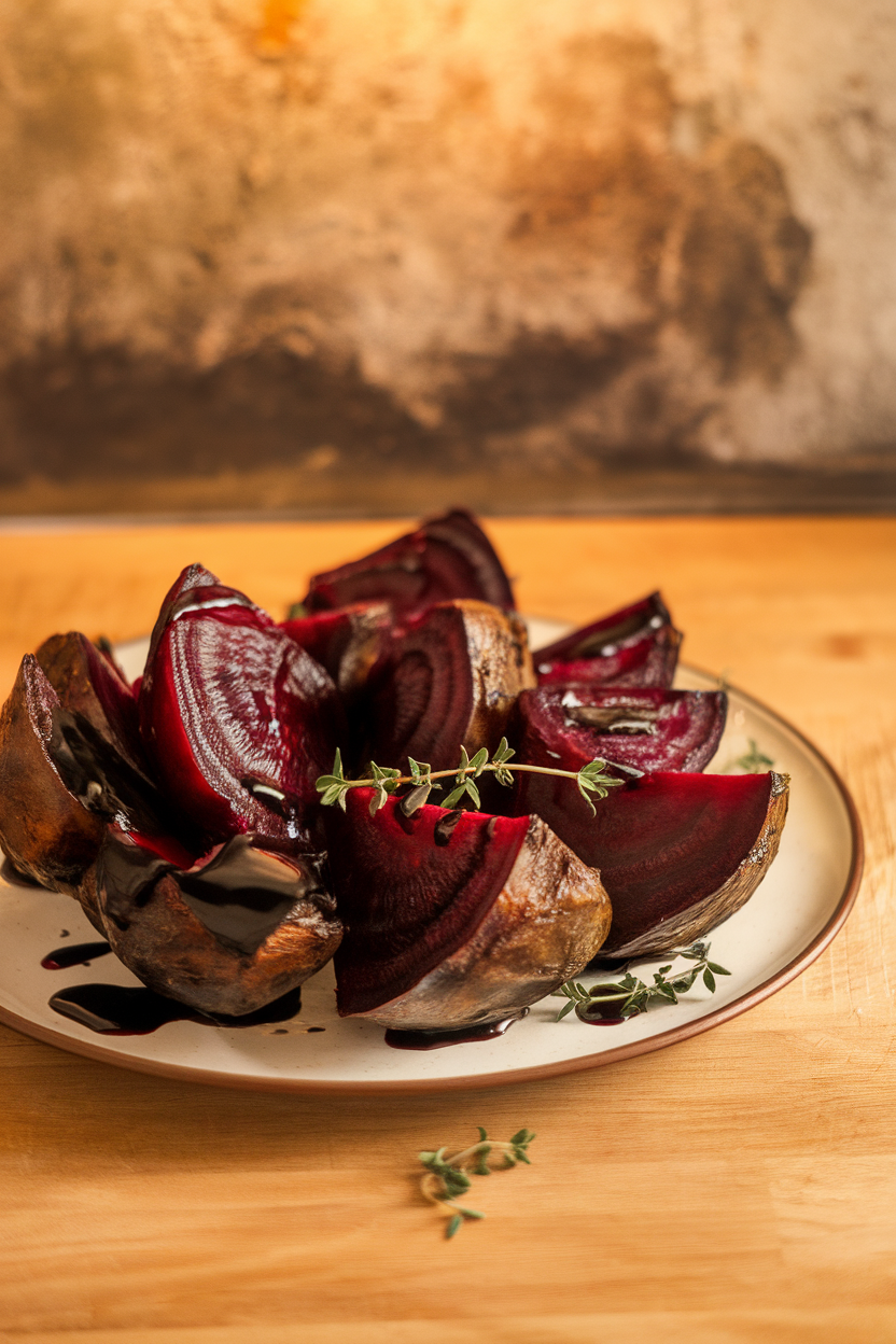 A platter of roasted beet wedges glistening with balsamic glaze, indoors on a wooden countertop. No text or logos.