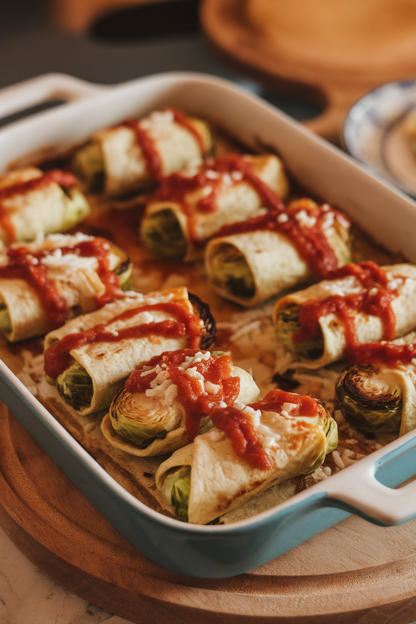 Indoor casserole featuring roasted Brussels sprout halves and turkey bacon inside tortillas, topped with light cheese and red sauce, no logos.