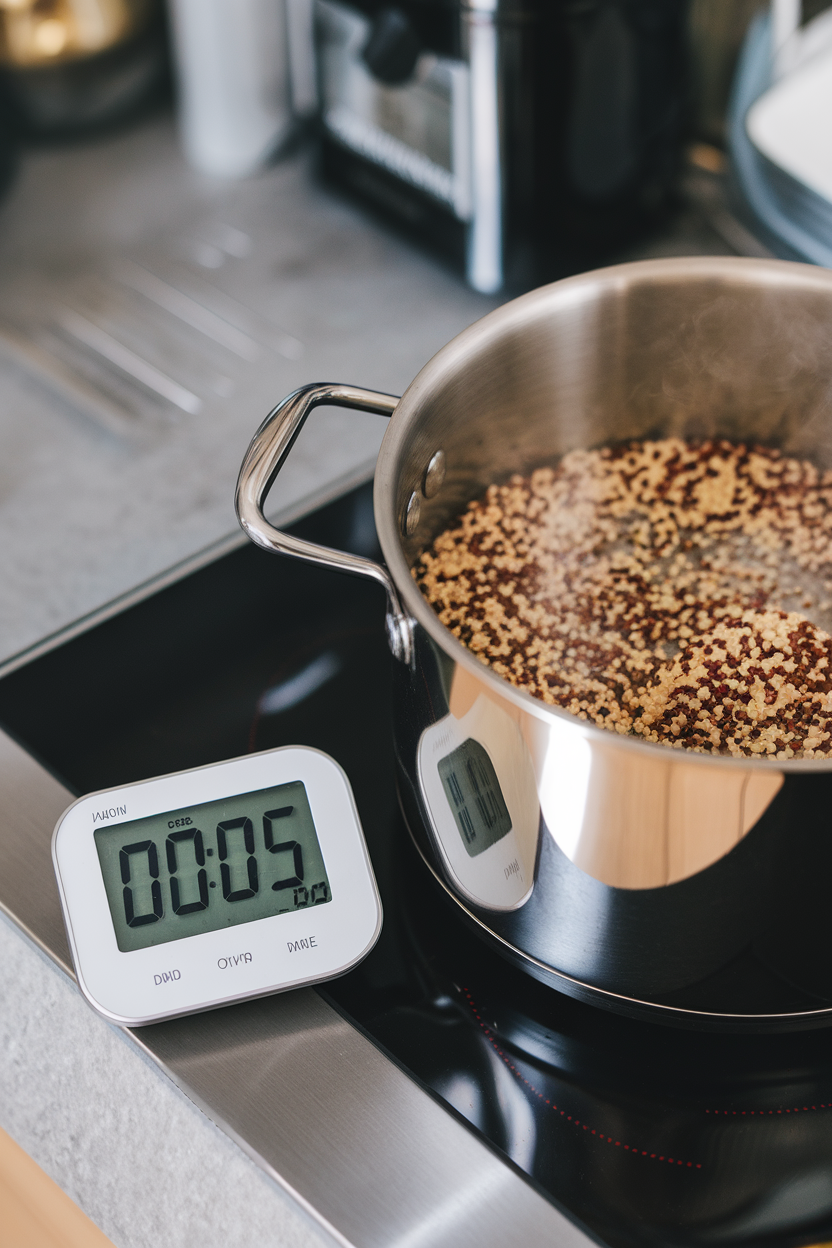 Indoor countertop close-up of a digital timer reading 00:05:00 beside a pot of simmering quinoa, no brand name.