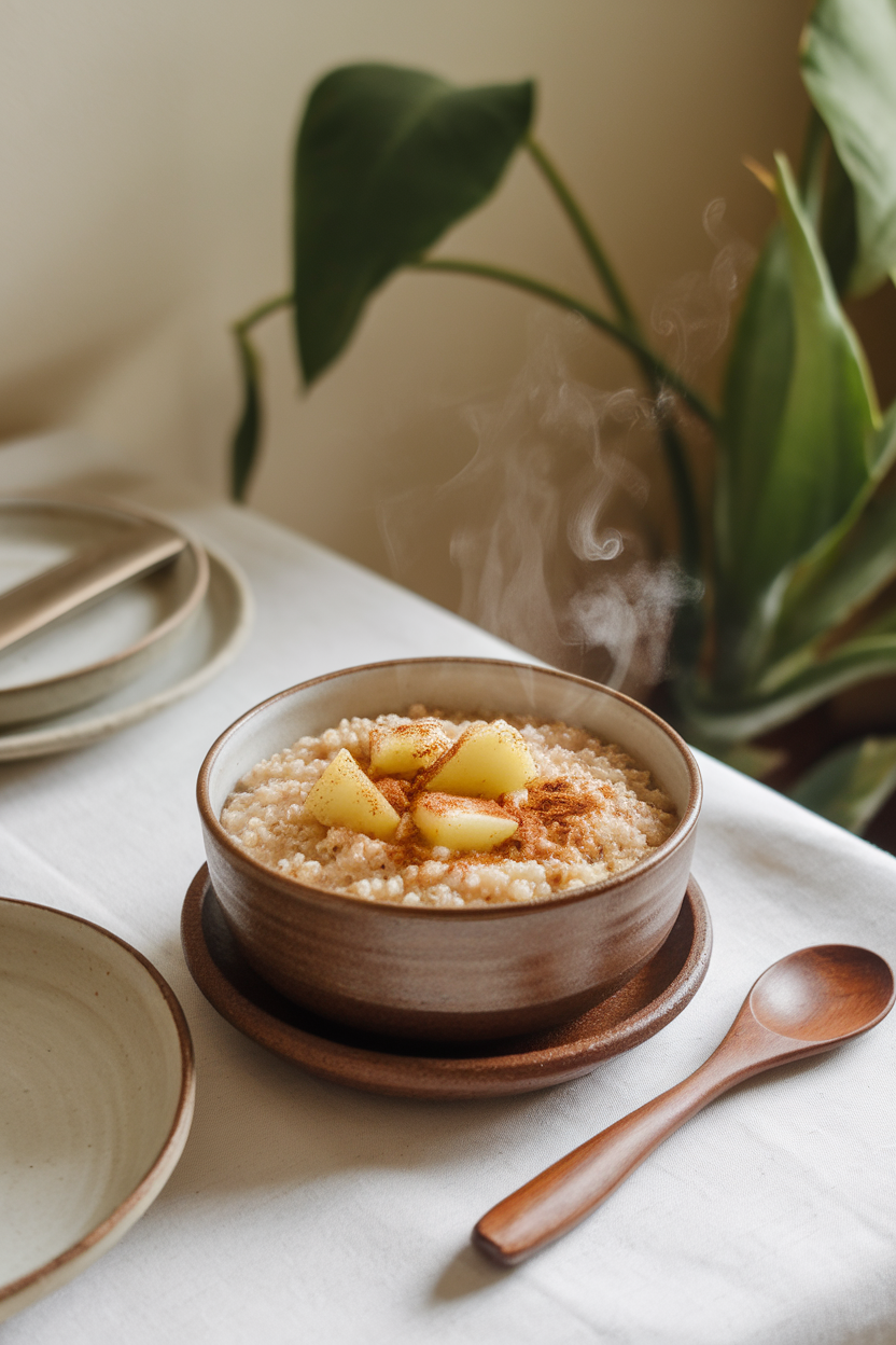 An indoor breakfast table with a ceramic bowl of steaming quinoa porridge studded with apple chunks and dusted with cinnamon, a wooden spoon resting beside it. No text or logos; photo only.