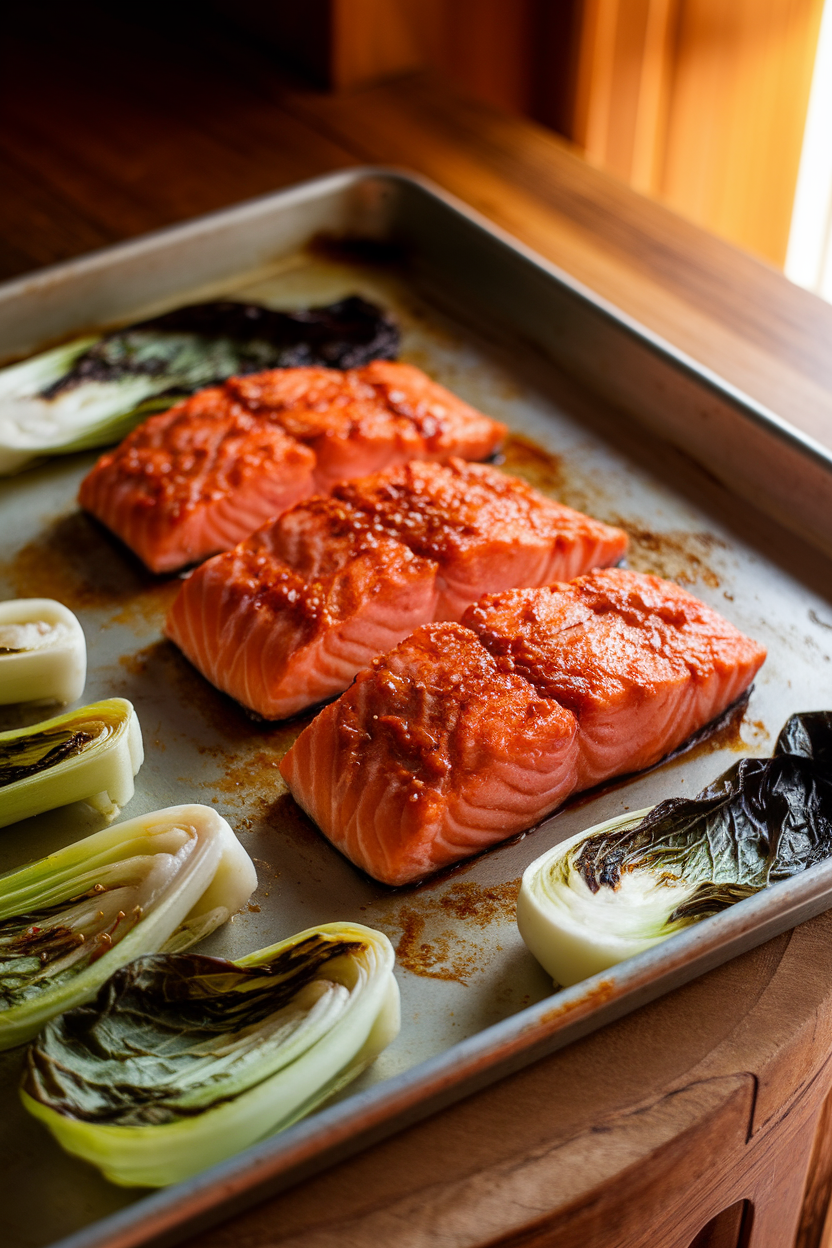 Photo of cooked salmon fillets glazed with miso beside roasted bok choy on a sheet pan under indoor lighting, no text or logos