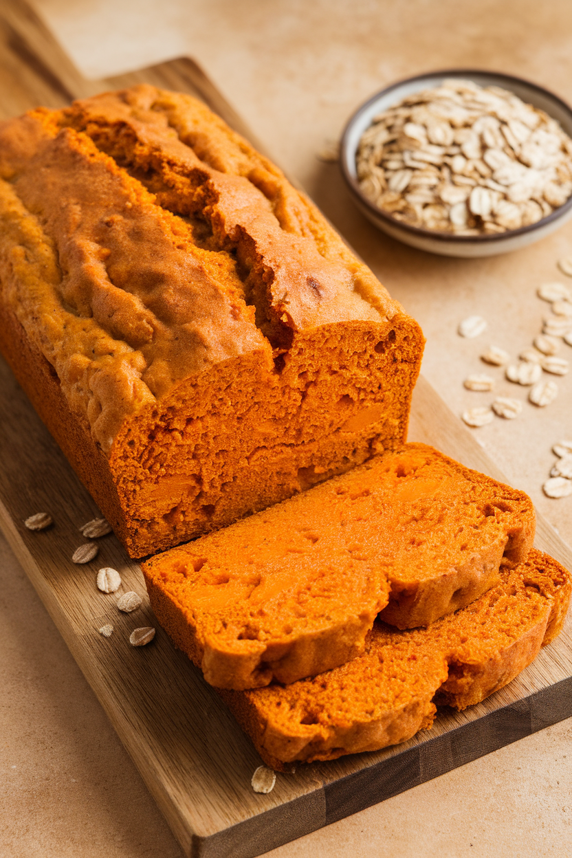 An indoor serving board holding a golden sweet potato oat loaf, cross-section showing orange specks, with a small dish of rolled oats nearby. No text or logos. Photo only.