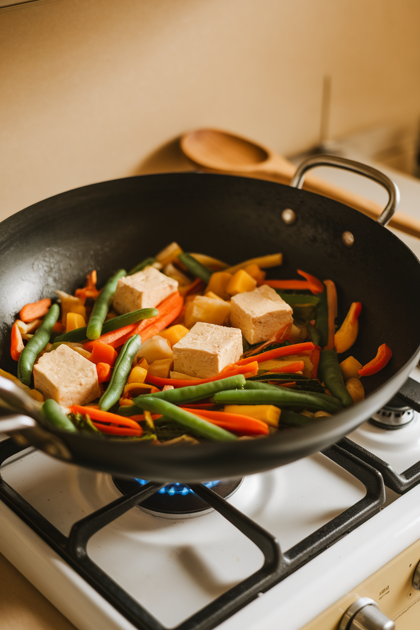A wok on a stove containing mixed leftover vegetables and tofu, vibrant colors. Indoor setting, no logos. Photo.