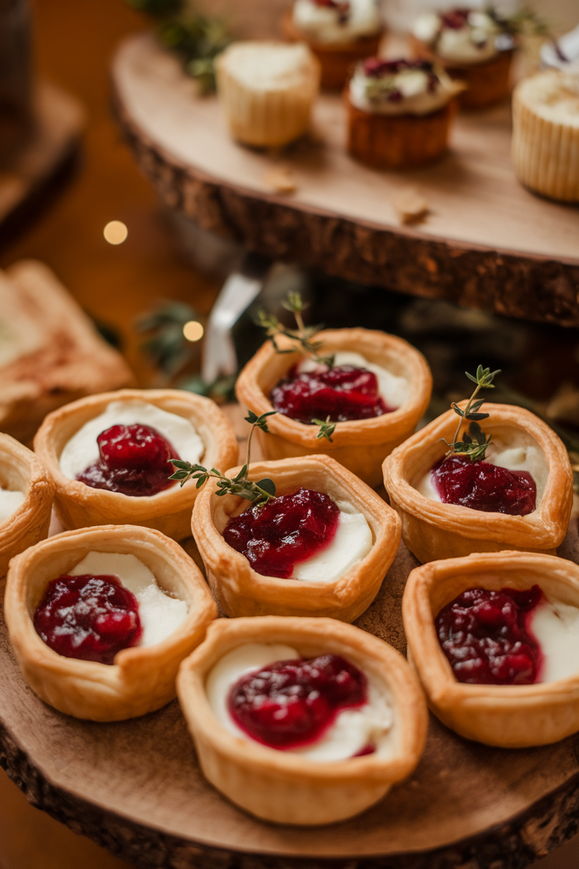 A warm indoor buffet scene showcasing mini puff-pastry cups filled with melted Brie and ruby red cranberry sauce, garnished with a tiny thyme sprig. No text or logos, photo only.