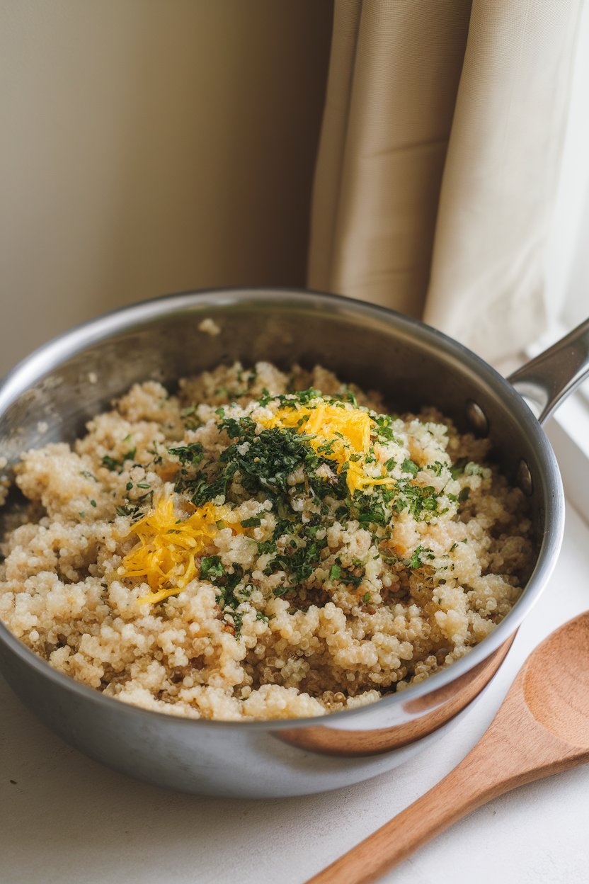 An indoor saucepan of fluffy quinoa mixed with chopped herbs and lemon zest, wooden spoon resting on side. Photo, no text or logos.