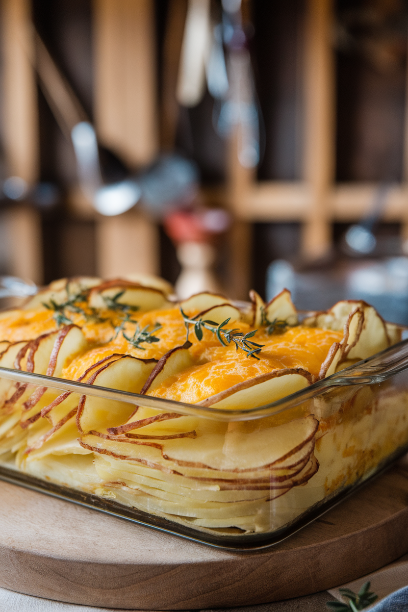 Indoor photo of a rectangular baking dish with neatly layered potato slices submerged in bubbling cheese sauce, browned on top. No text or logos.