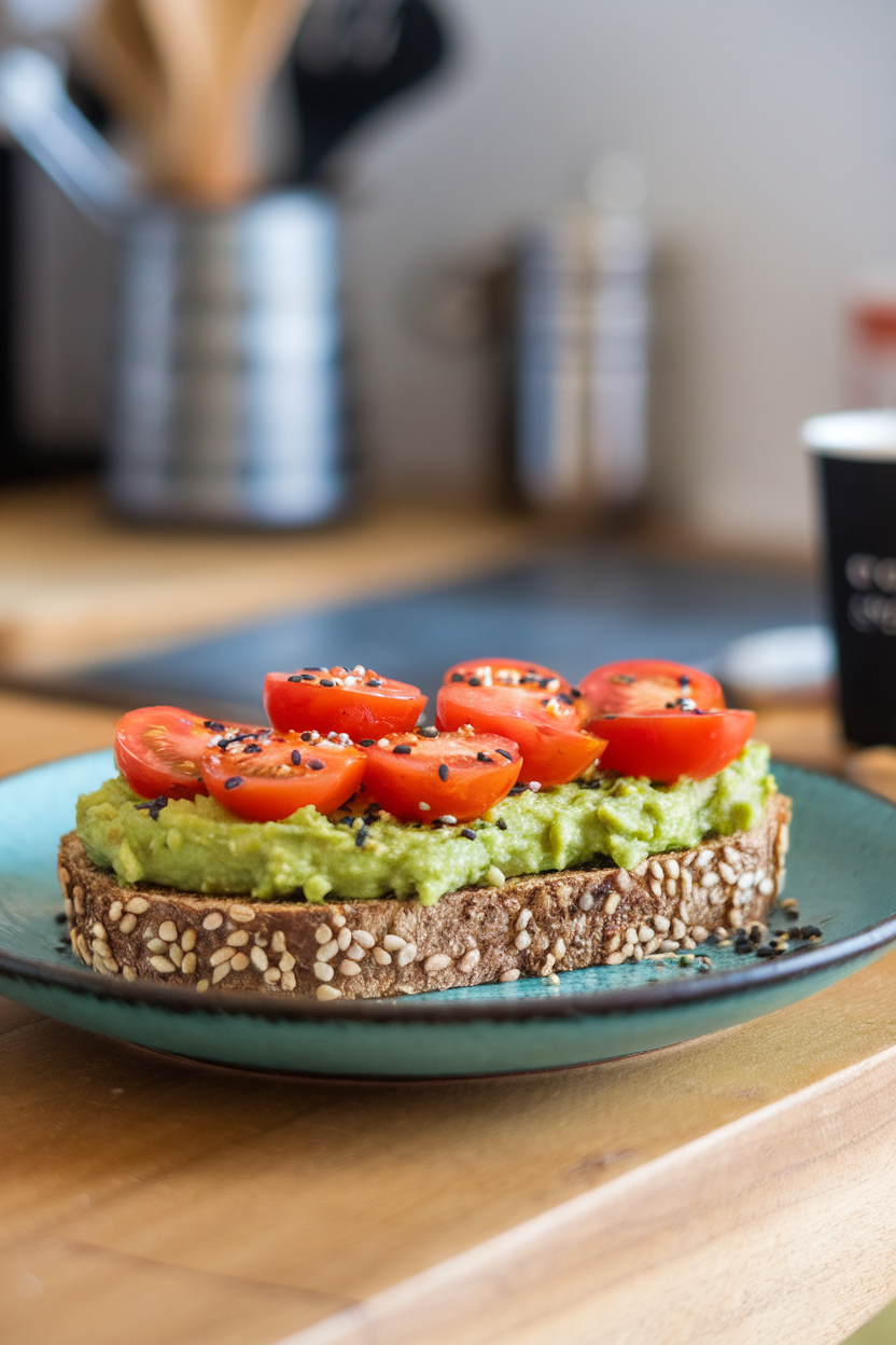Indoor cafe-style plate displaying whole-grain toast covered in mashed avocado and halved cherry tomatoes, sprinkled with sesame seeds; no text or logos, photo style.