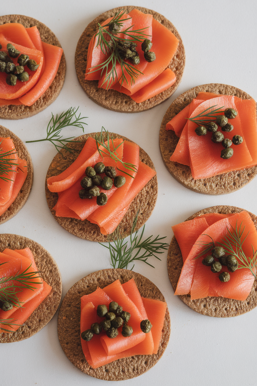 Indoor photo of rye cracker rounds topped with ribboned carrot lox, capers, and dill sprigs, on a minimal white backdrop. No logos or text.