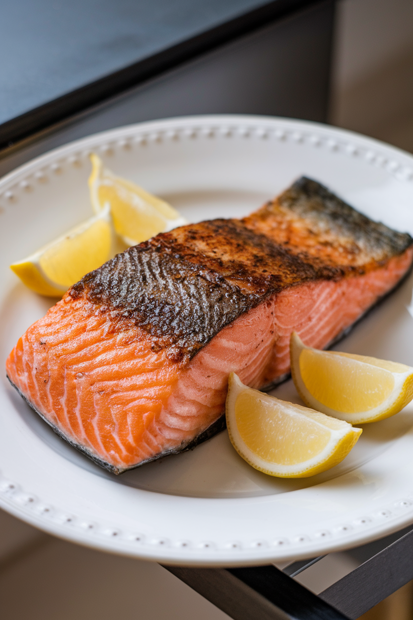 A cooked salmon fillet with lemon wedges on a white plate indoors, skin crisp, no raw fish visible; no text or logos; photo