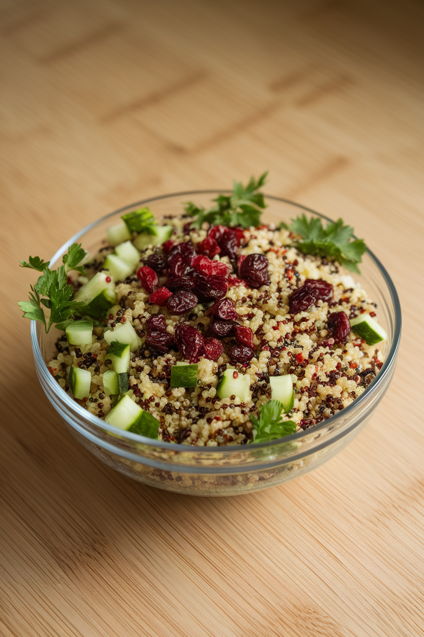 Indoor salad bowl filled with tricolor quinoa, dried cranberries, diced cucumber, and parsley, photographed under soft lighting. No text or logos. Photo only.