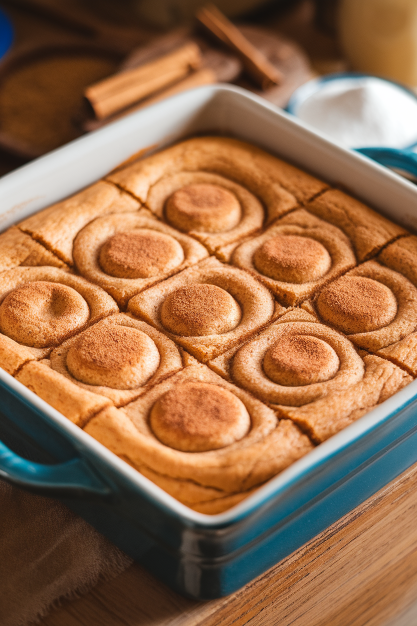 A square ceramic dish of golden snickerdoodle blondies, top dusted with cinnamon sugar, sliced into even portions; indoor lighting, no logos. Photo, not illustration.