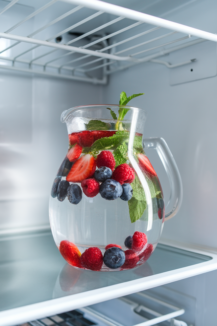 An indoor fridge shelf with a clear pitcher of water infused with berries and mint—photo, no text or logos.