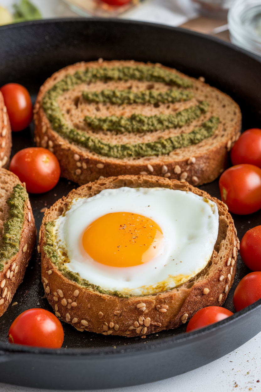 Indoor skillet photo of whole-grain bread with a pesto-coated hole holding a sunny egg, cherry tomatoes scattered around, no text or logos.