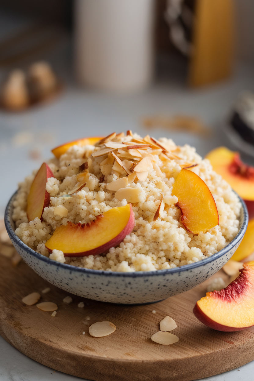 An indoor bowl of fluffy couscous studded with peach slices and toasted almond slivers. No text or logos. Photo only.