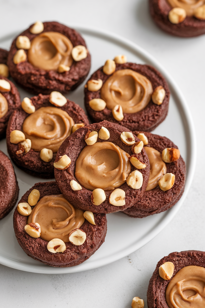 Indoor close-up of fudgy thumbprint cookies filled with hazelnut spread, topped with chopped hazelnuts. Photo, no text or logos.