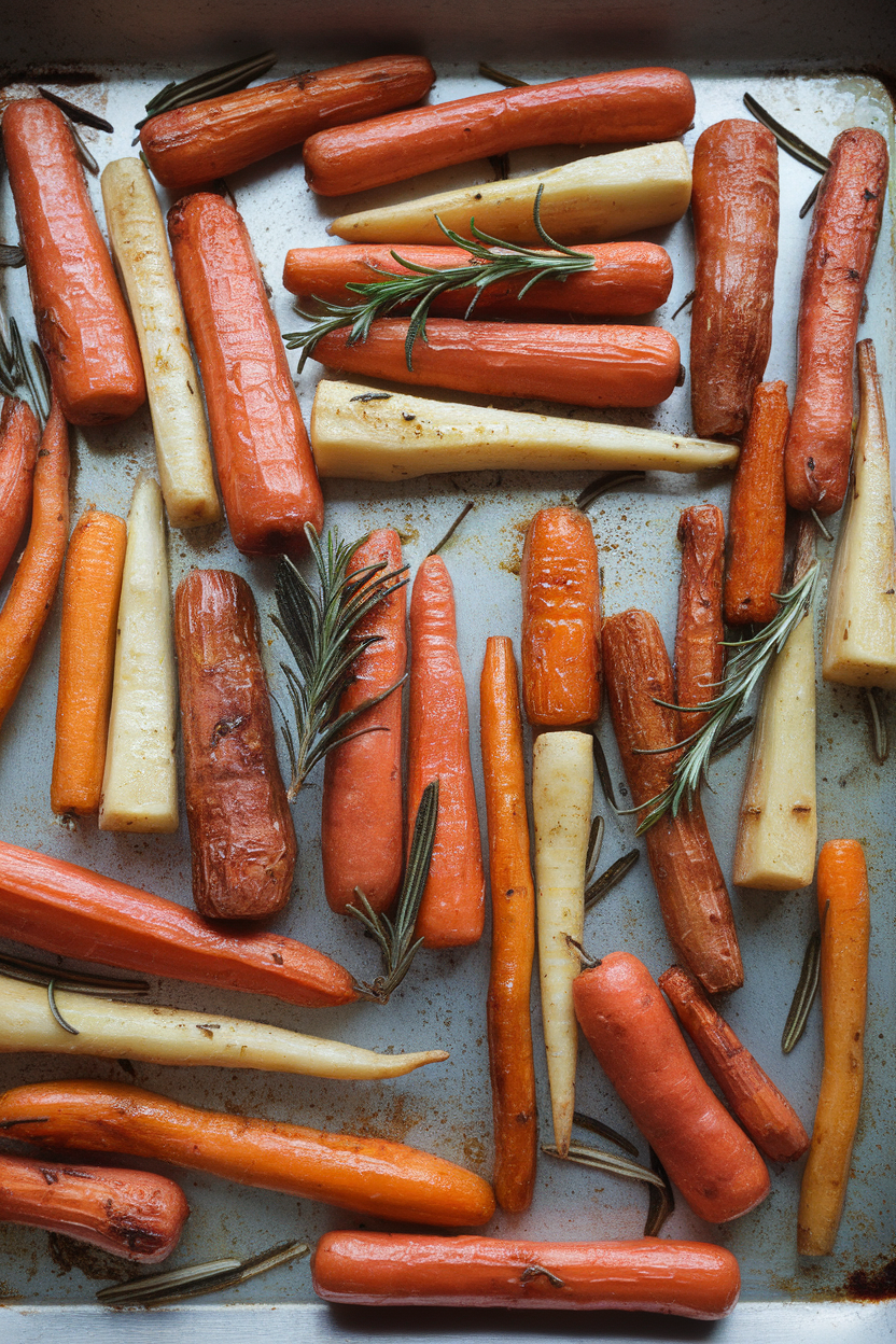 Indoor baking sheet with an assortment of roasted carrots, parsnips, and sweet potatoes sprinkled with rosemary leaves. No text or logos.