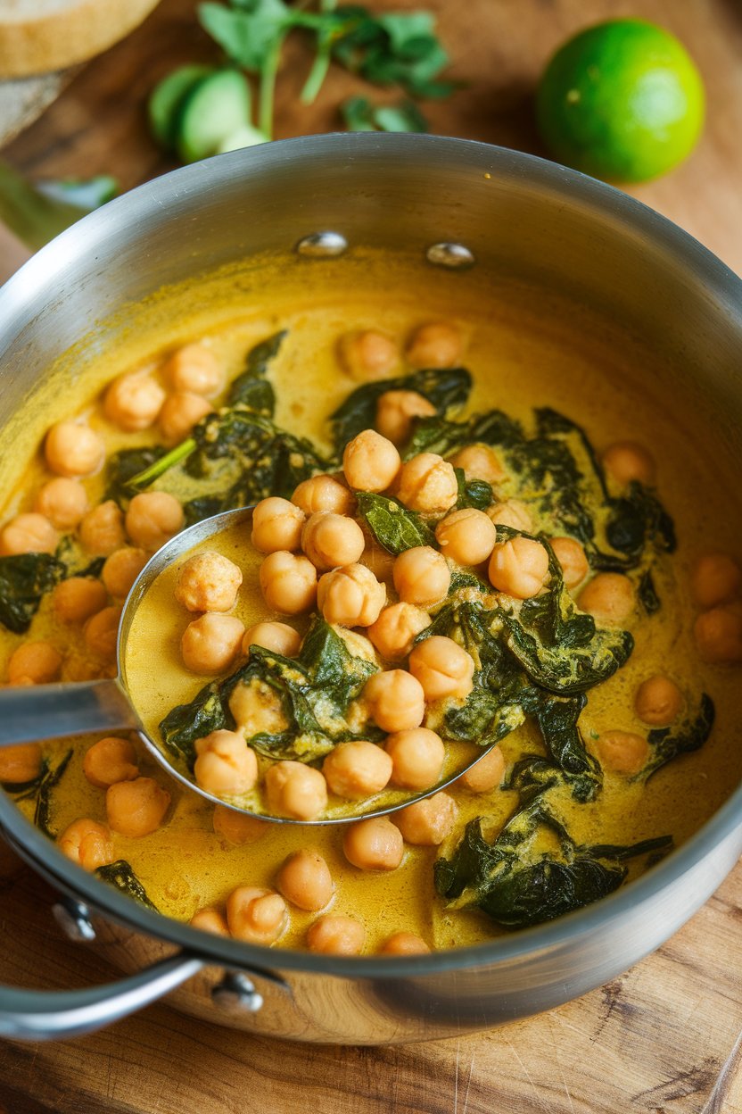 Indoor saucepan of golden coconut curry with chickpeas and spinach; ladle resting on side, no text or logos.
