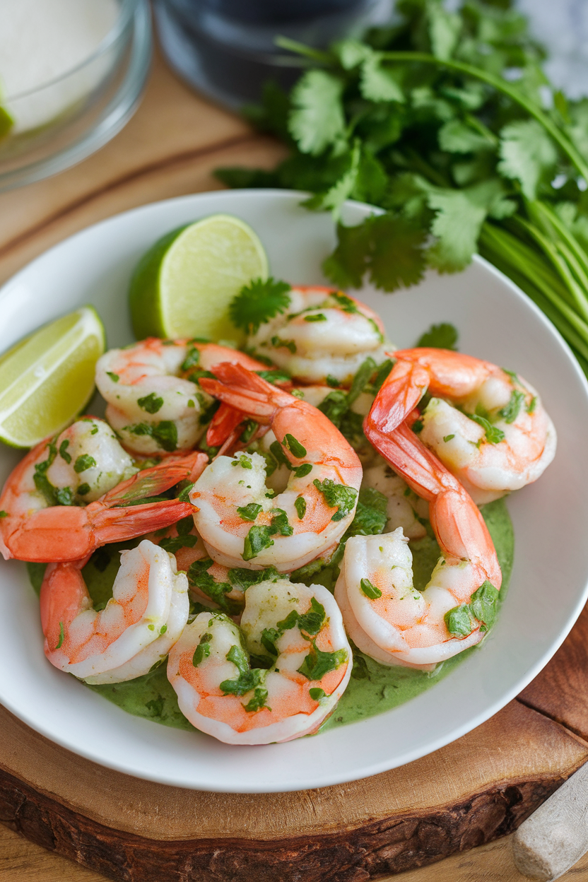 Indoor photo of cooked shrimp tossed in cilantro lime sauce on a white plate; no text or logos