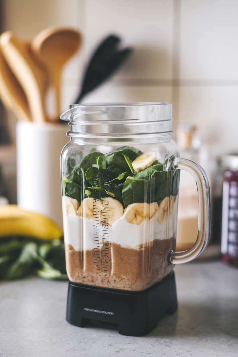 Indoor blender jar filled with spinach, banana, Greek yogurt, and almond butter before blending—photo.