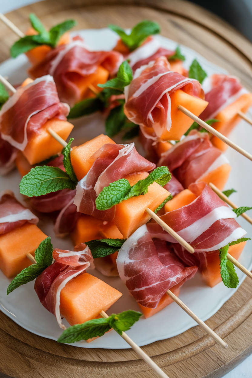 An indoor platter with skewers of cantaloupe cubes wrapped in thin prosciutto slices, mint leaves tucked between pieces, no text or logos.