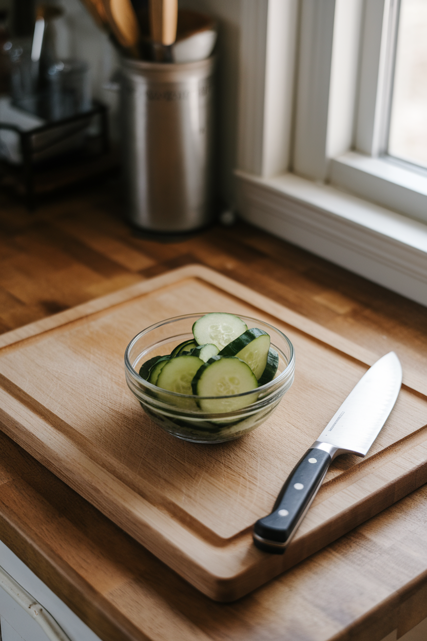 Photo, indoor farmhouse kitchen counter featuring sliced cucumbers in a small bowl of rice-vinegar dressing, subtle window light, no logos.