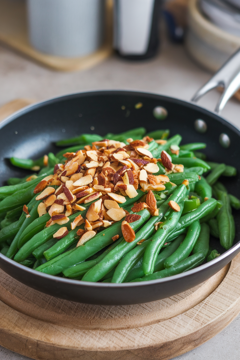 An indoor sauté pan of bright green beans topped with slivered toasted almonds. Photo, no text or logos.