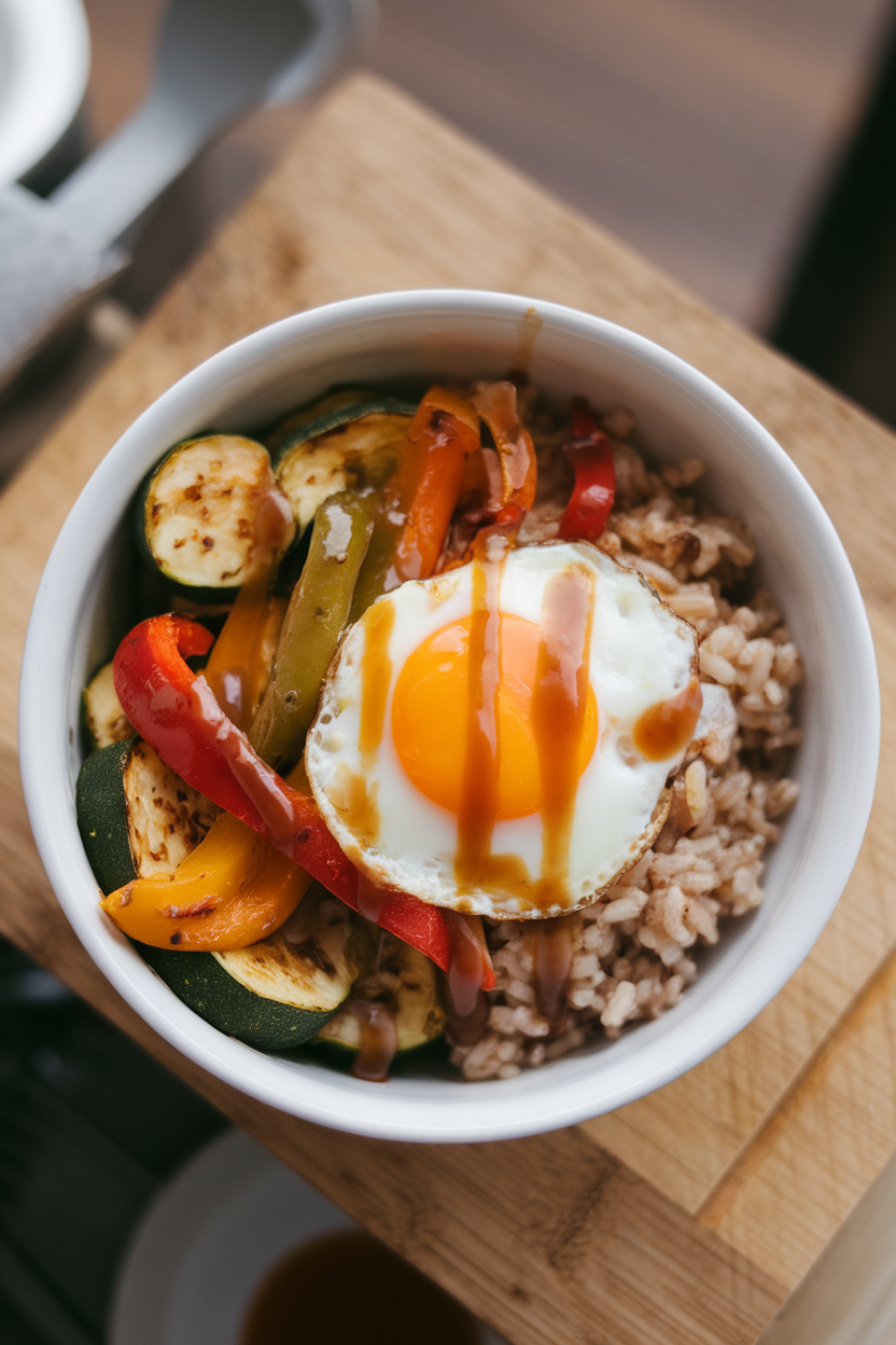 Indoor overhead photo of a bowl containing roasted zucchini, bell pepper, brown rice, and a jammy six-minute egg. No text or logos.