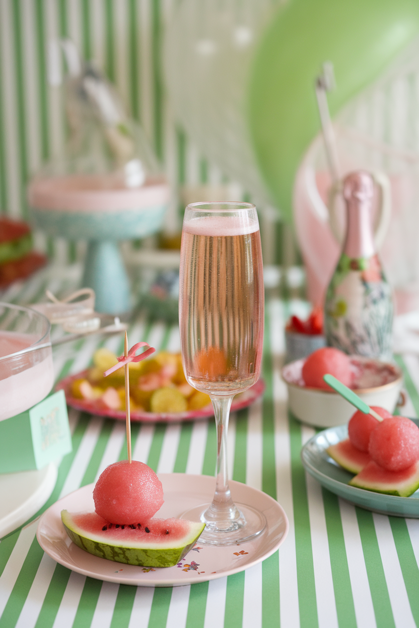 An indoor summer-themed party table with a coupe of pastel pink Champagne and a tiny watermelon ball skewer. Photo, not illustration. No text or logos.