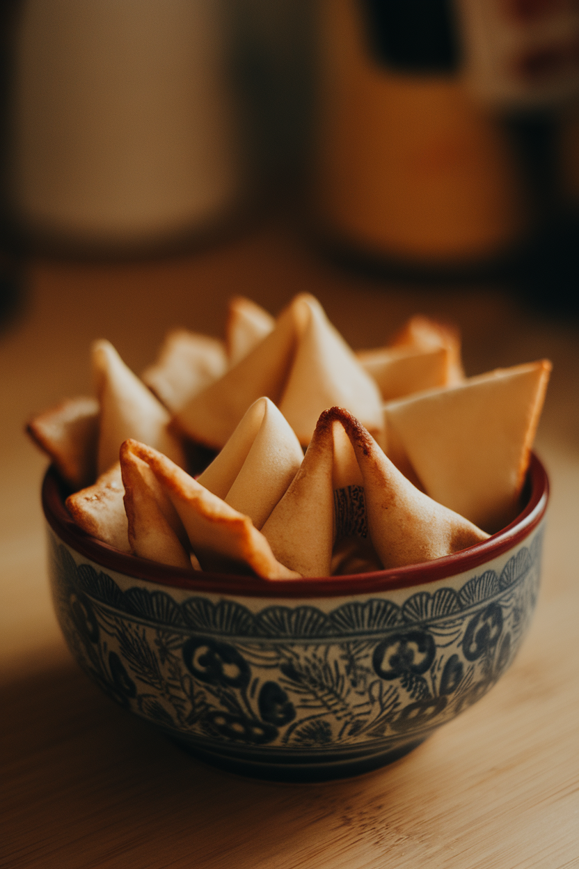 Photo of an indoor ceramic bowl filled with homemade fortune cookies, edges lightly browned, no visible text inside; warm ambient lighting, no text or logos
