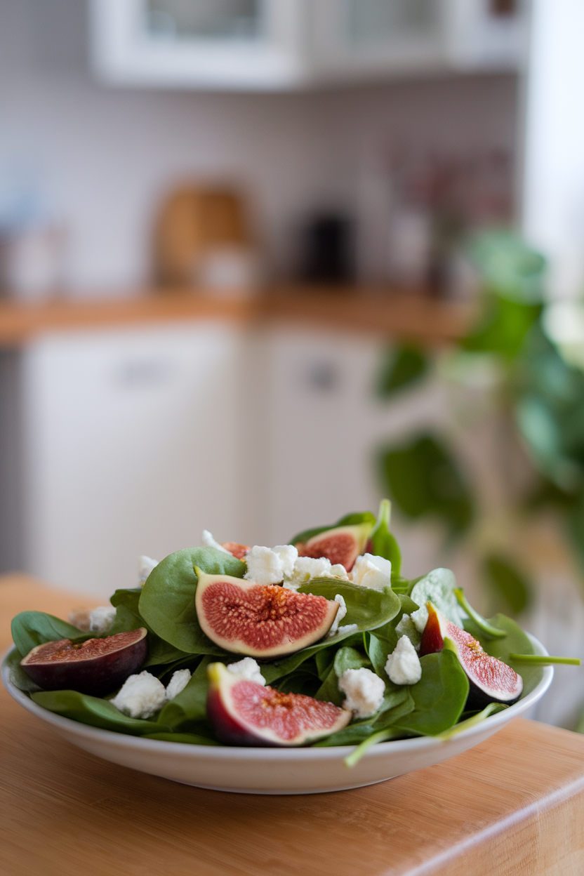 An indoor salad plate topped with baby spinach, sliced fresh figs, goat cheese crumbles, and a drizzle of olive oil; no text or logos.