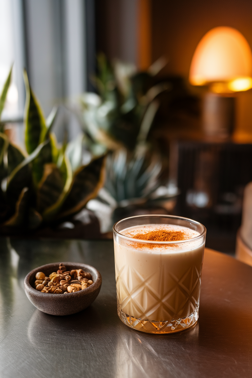 An indoor lounge scene featuring an old-fashioned glass of creamy cocktail over ice, dusted with ground cinnamon, next to a small bowl of chai spices. No text or logos; photograph, not illustration.