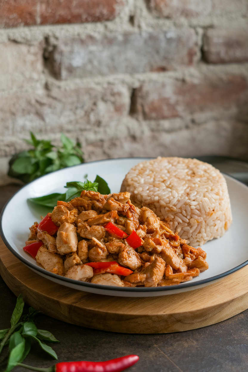An indoor table showcasing a plate of minced chicken cooked with Thai basil, red bell peppers, and chilies, served beside a mound of brown rice. No text or logos. Photo.