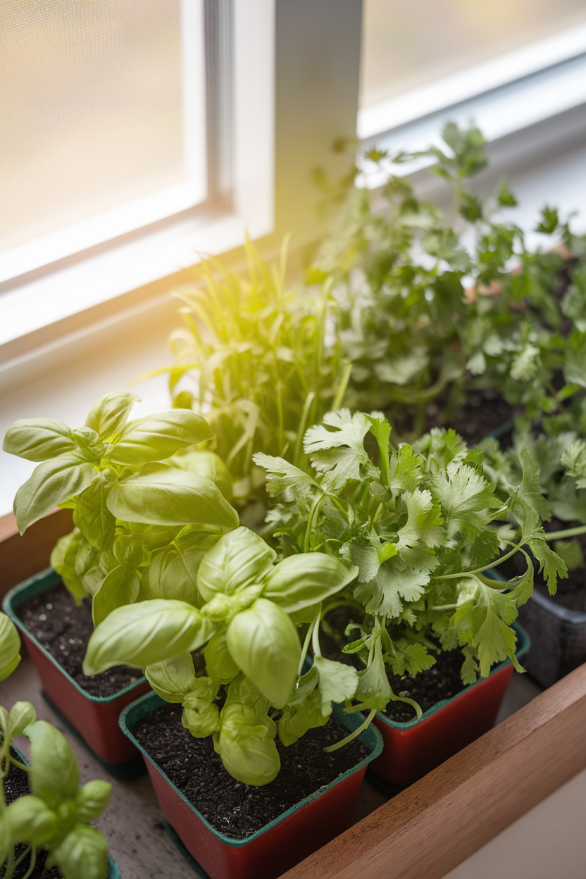 Photo prompt: An indoor windowsill herb garden with small pots of basil, parsley, and cilantro, sunlight streaming in, no brand labels.