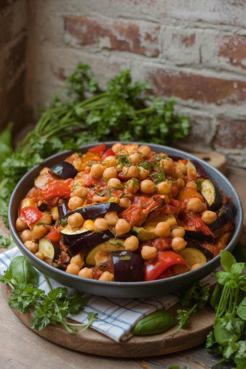 A rustic indoor photo of colorful stewed eggplant, zucchini, peppers, and chickpeas in a wide bowl, drizzle of olive oil on top. No logos or text present.