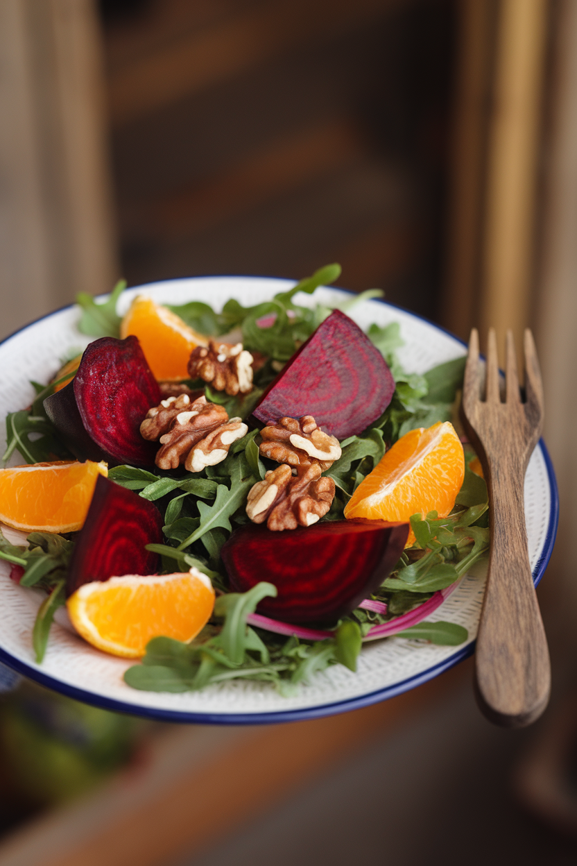 An indoor salad plate with ruby red beet wedges, arugula leaves, toasted walnuts, and orange segments, lightly dressed. This should be a photo, not an illustration. No text or logos anywhere in the scene.