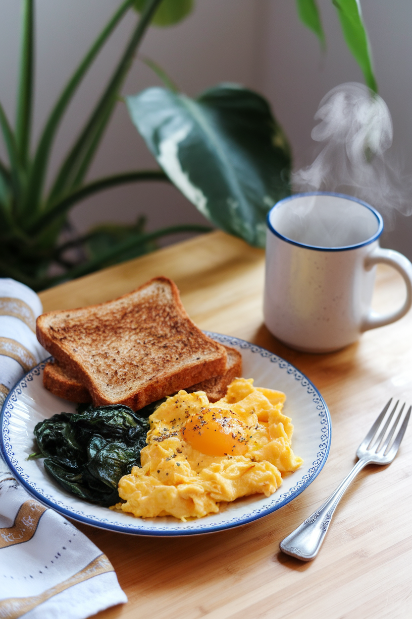 Indoor breakfast table with a plate of scrambled eggs, sautéed spinach, and whole-grain toast, captured from a 45-degree angle. No text or logos. Photo, not illustration.